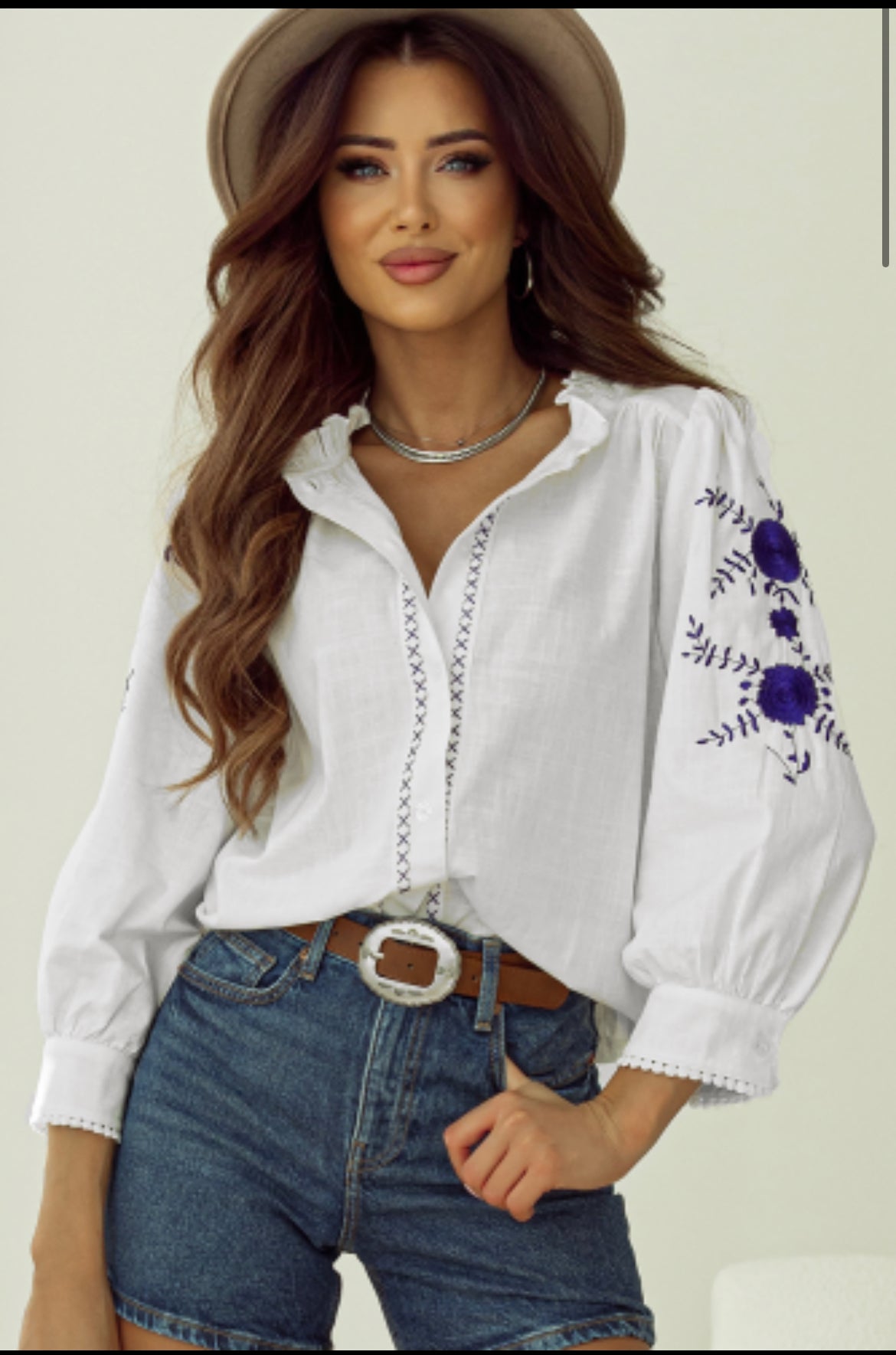 White Floral Embroidered Bracelet Sleeve Shirt