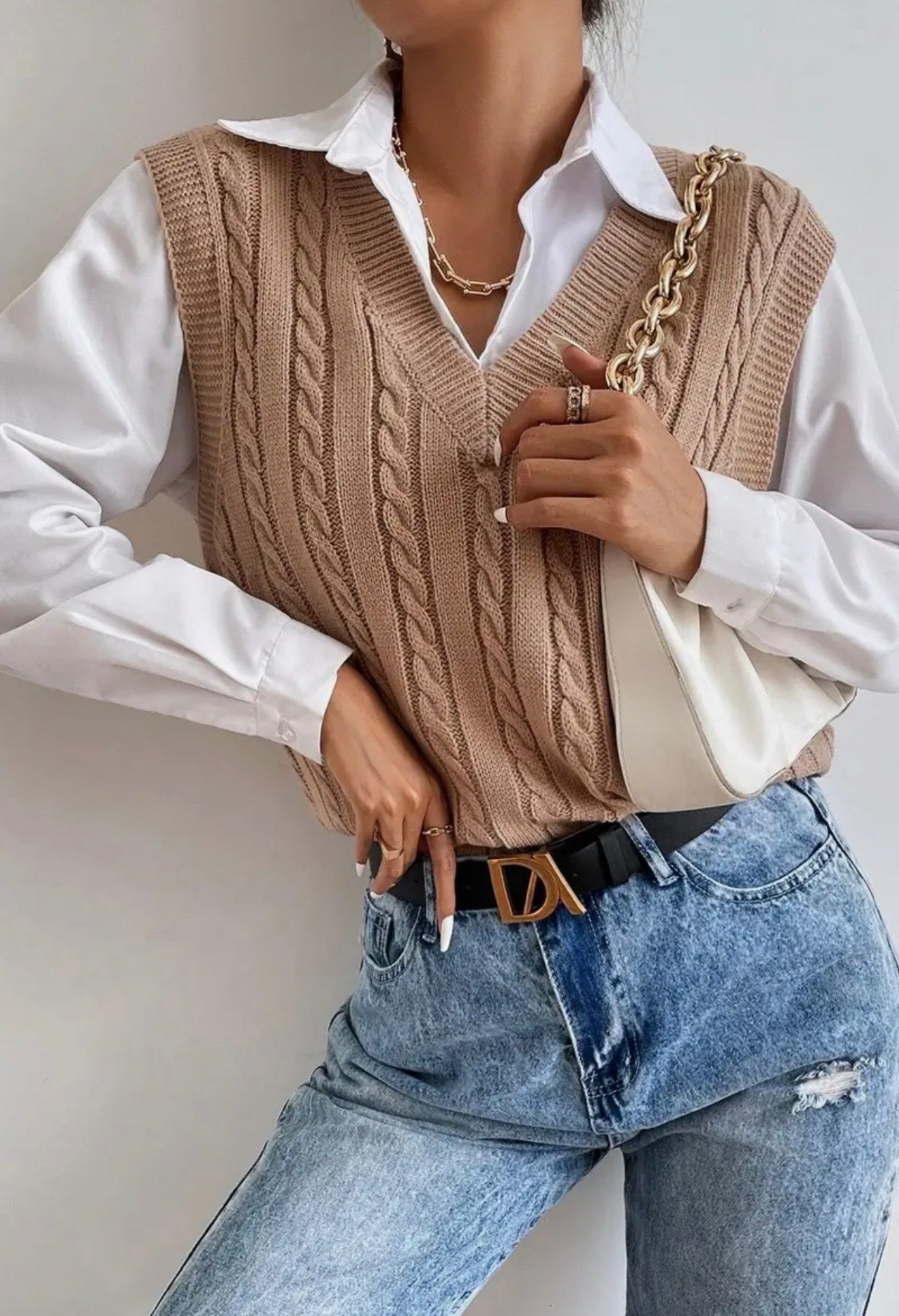 V-NECK Solid Color Cable Knit Sweater Vest