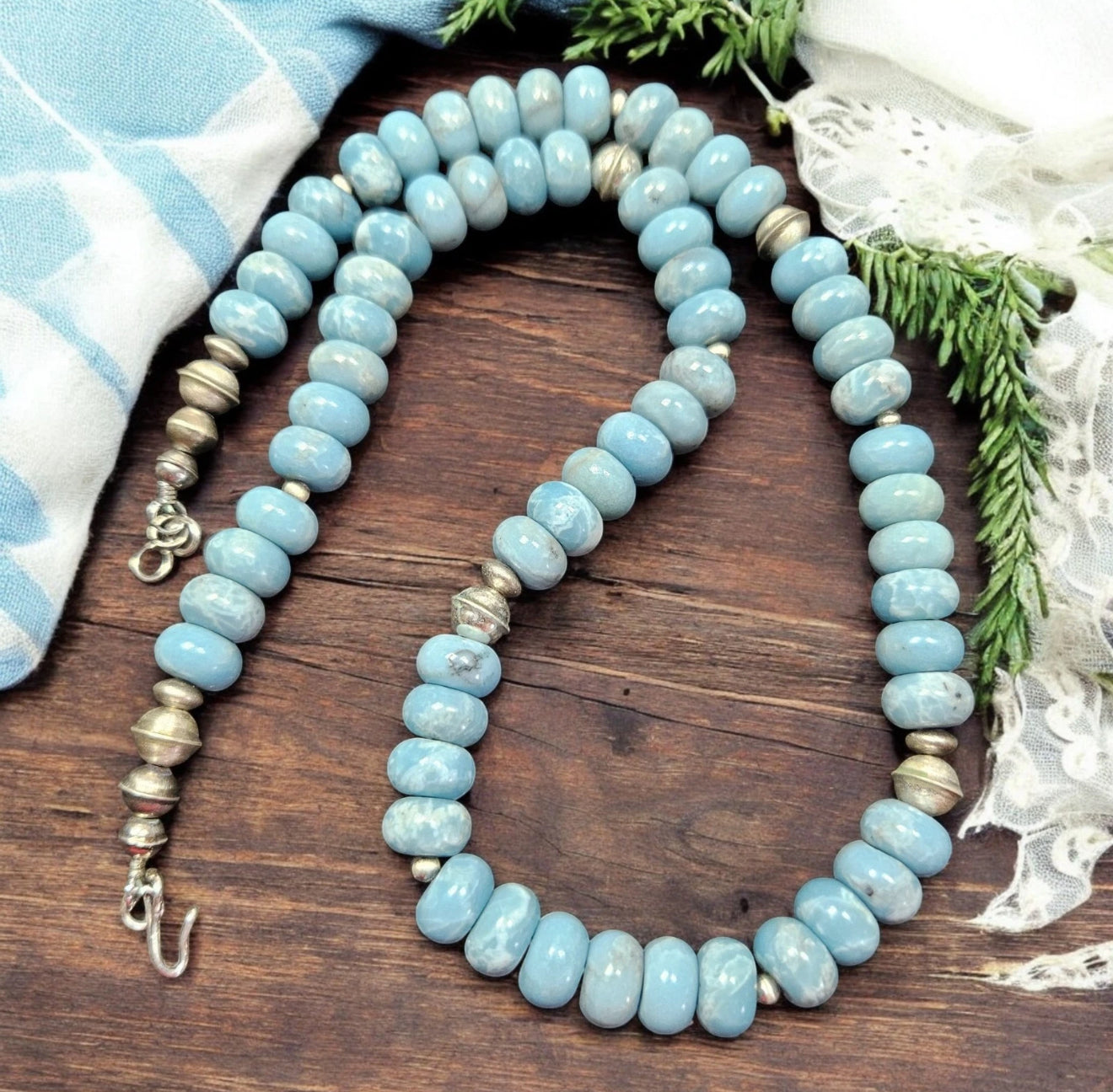 Sterling NAVAJO Pearl Big 10MM Dominican Larimar Beads Necklace VTG Silver 18"