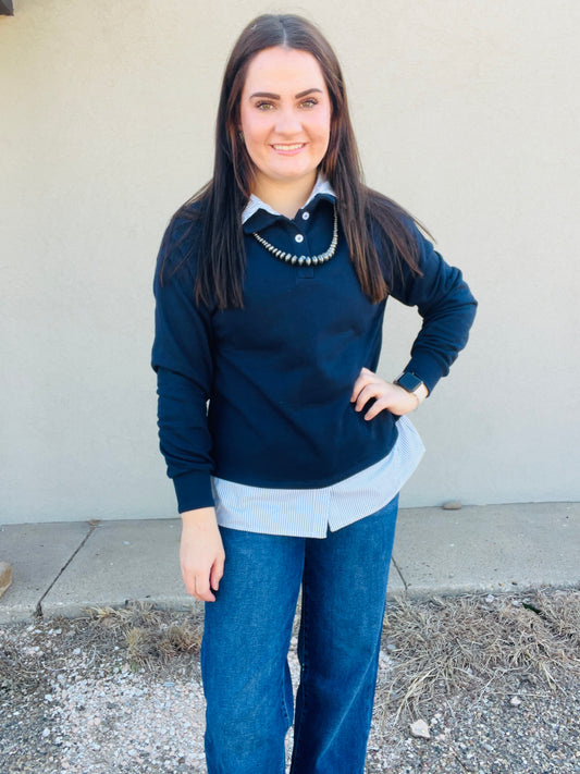 See And Be Seen Striped Shirt 2 fer Sweatshirt Collar Pullover