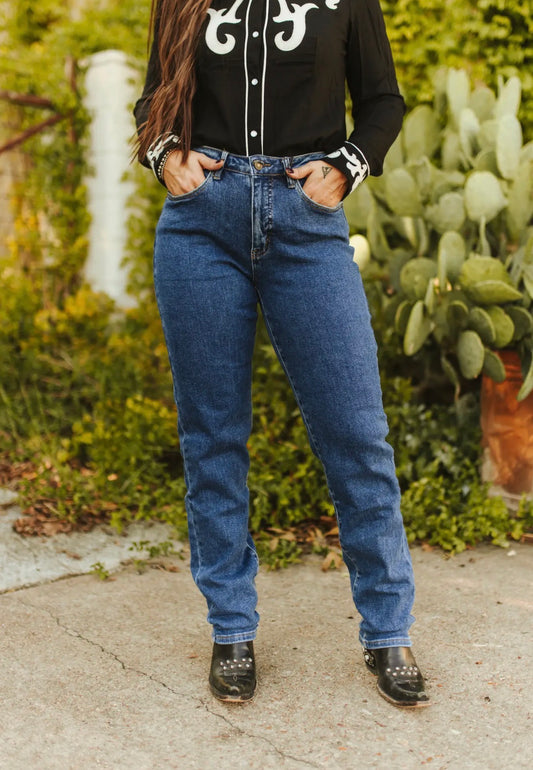 L & B Plus Mid Wash High Rise Cowgirl Cut Jeans