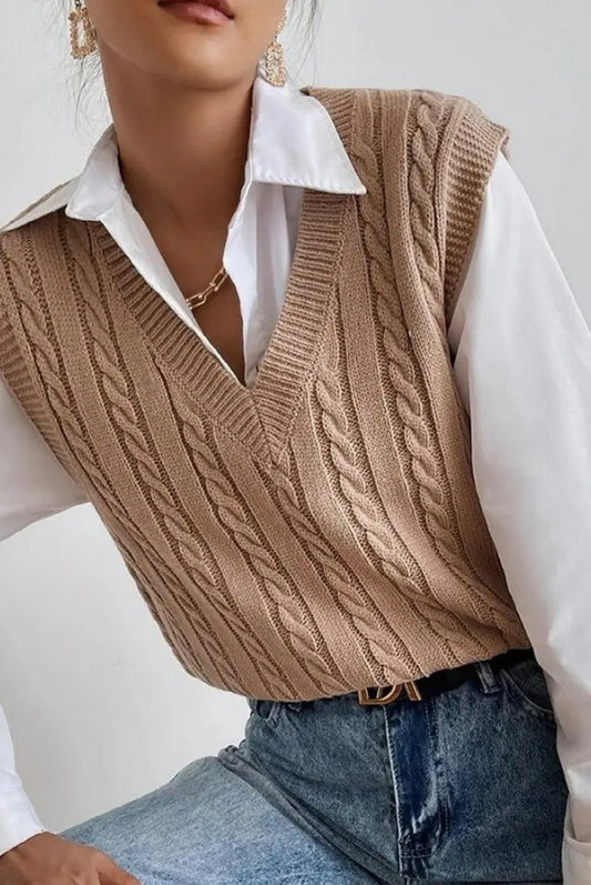 V-NECK Solid Color Cable Knit Sweater Vest