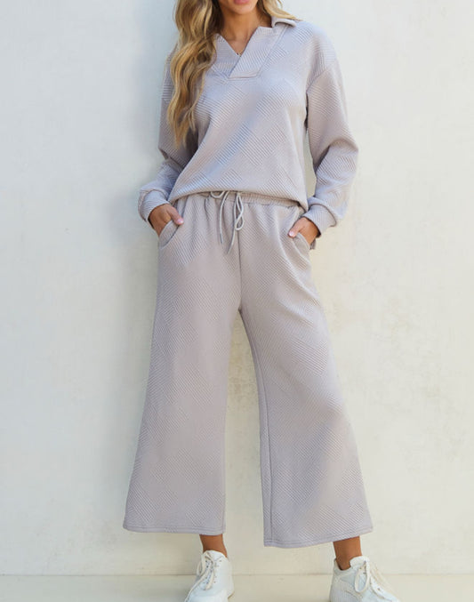 Plus Size - Light Grey Solid Textured Collared V Neck Top and Wide Leg Pants Set