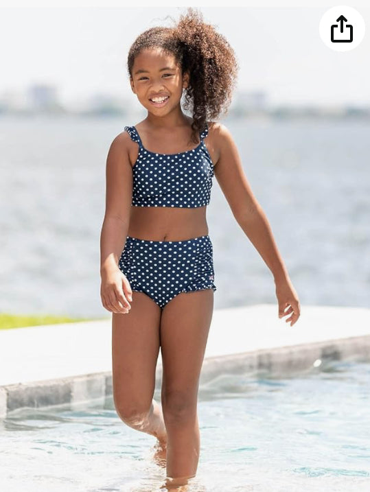 RuffleButts Navy Polka Dot High Waisted Flutter Bikini -10