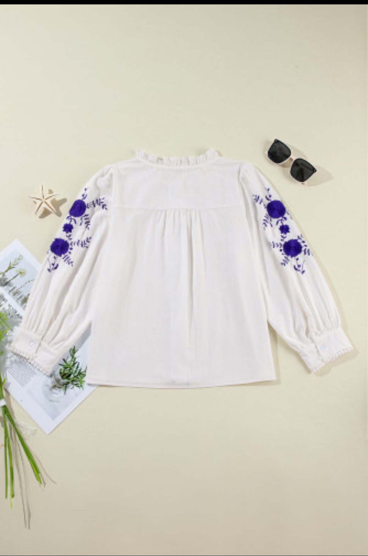 White Floral Embroidered Bracelet Sleeve Shirt