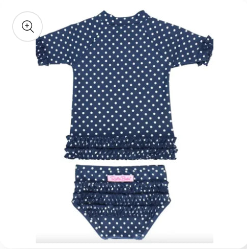 RuffleButts Navy Polka Dot Ruffled Rash Guard Bikini 12-18m