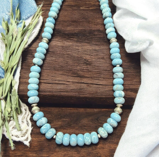 Sterling NAVAJO Pearl Big 10MM Dominican Larimar Beads Necklace VTG Silver 18"