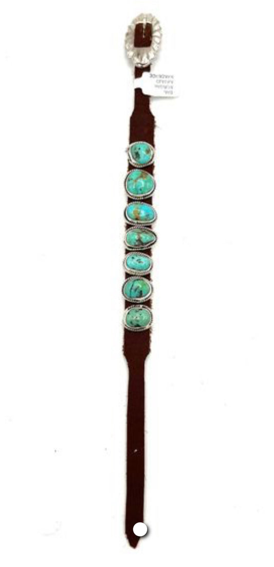 Navajo Handmade Kingman Turquoise Leather Bracelet - Dan Morgan