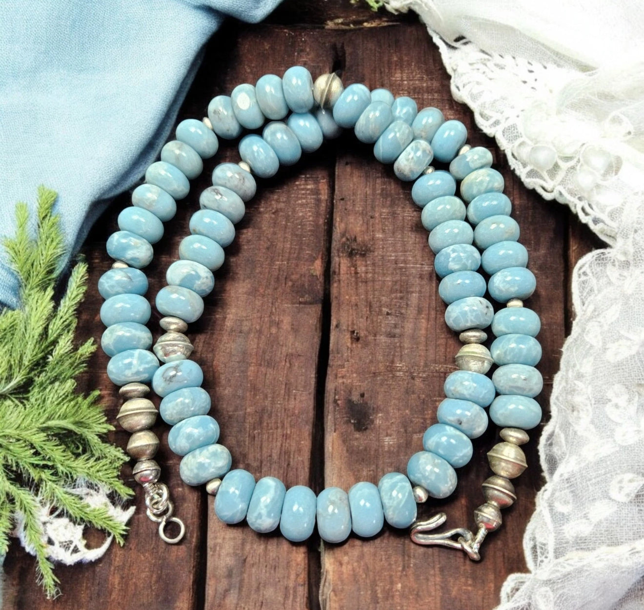 Sterling NAVAJO Pearl Big 10MM Dominican Larimar Beads Necklace VTG Silver 18"