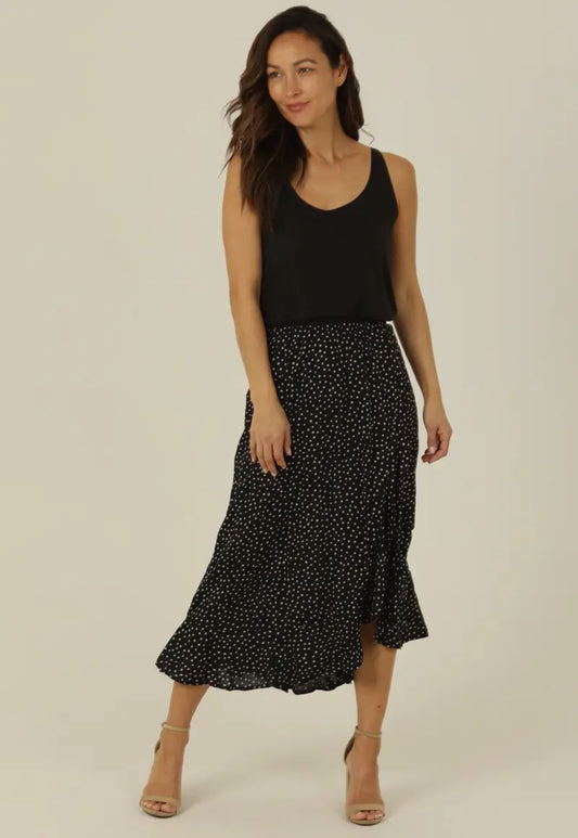 Elastic Waist Ruffle Slit Skirt