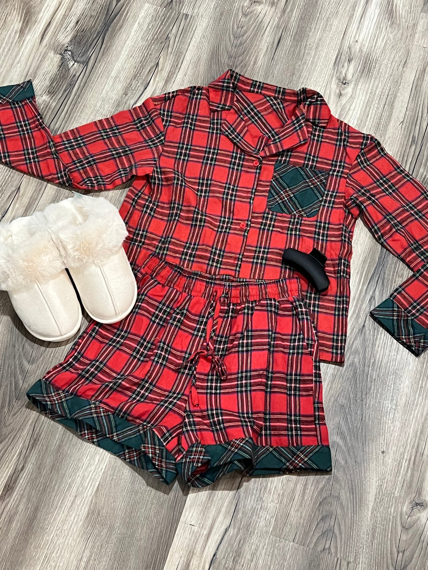 Red Plaid Christmas Long Sleeve Shirt and Shorts 2pcs Flannel Pajama Set