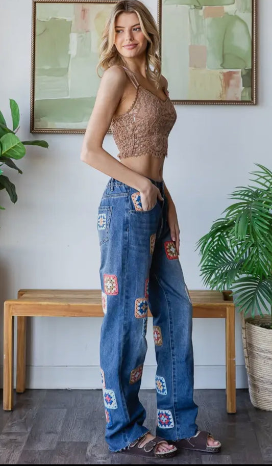Washed Square Crochet Patchwork Denim Jeans