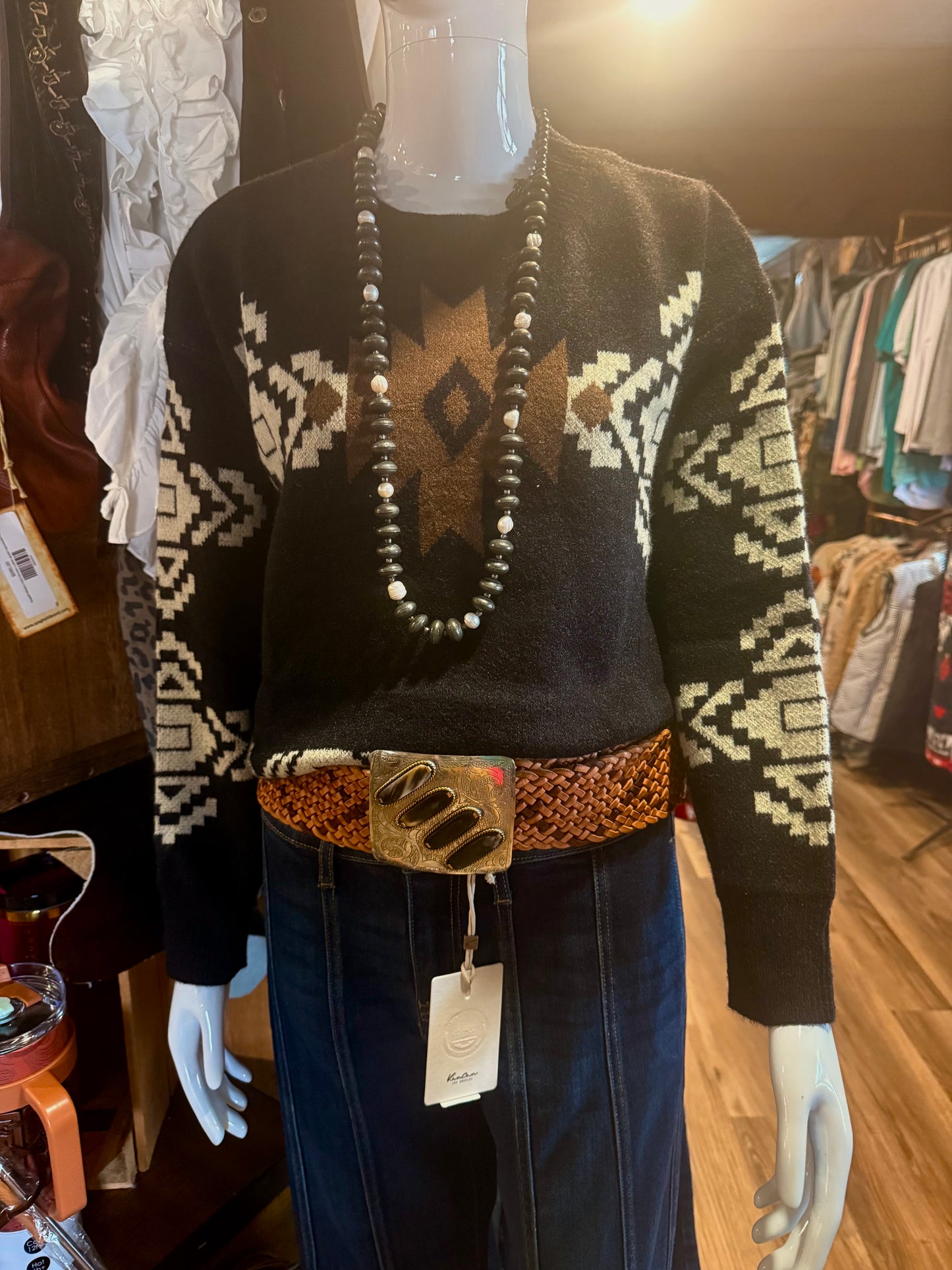 BLACK LONG SLEEVE CREAM AZTEC SWEATER