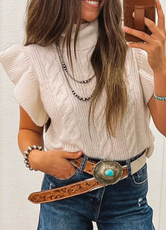 Jet Stream Cable Knit Turtleneck Ruffled Short Sleeve Sweater