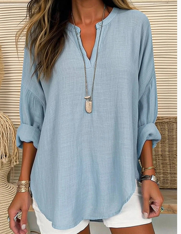 Blouse Linen Long Sleeve Casual V Neck Top