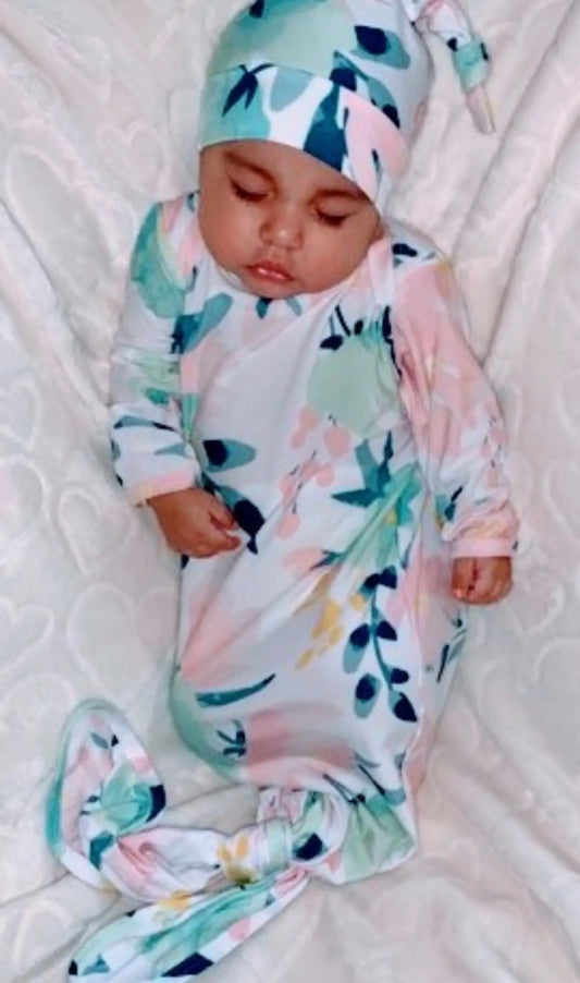 Infant Girls Water Color Floral Knot Gown and Headband - one size