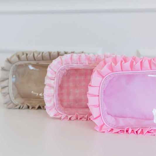 HOLLIS RUFFLED NYLON LARGE CLEAR WINDOW POUCH (monogram available)
