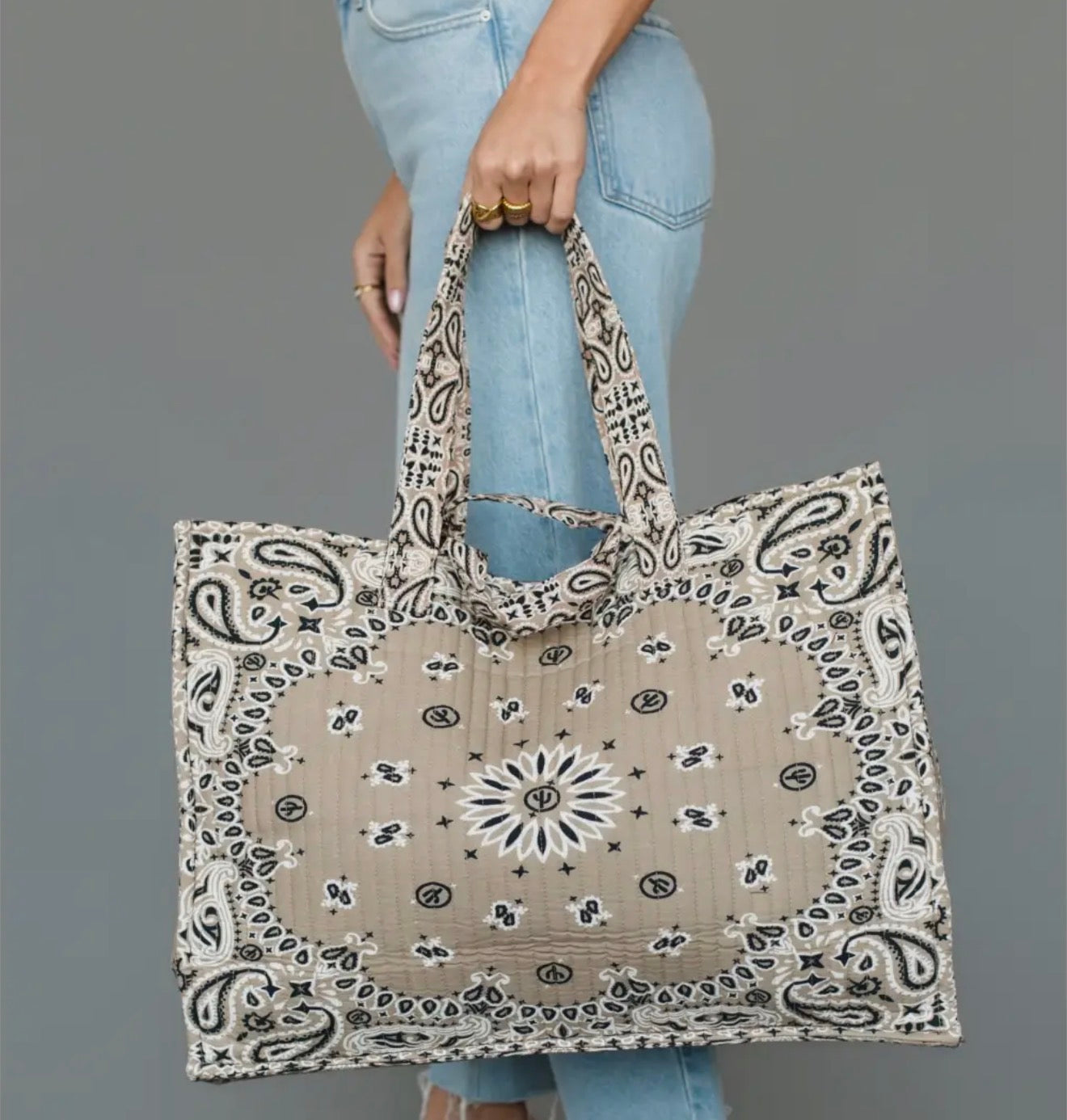 Quilted Large Tan Bandana Tote