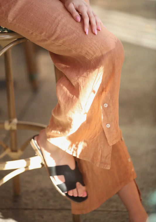 Marisima Made in Italy Linen Ankle-Slit Button Pants