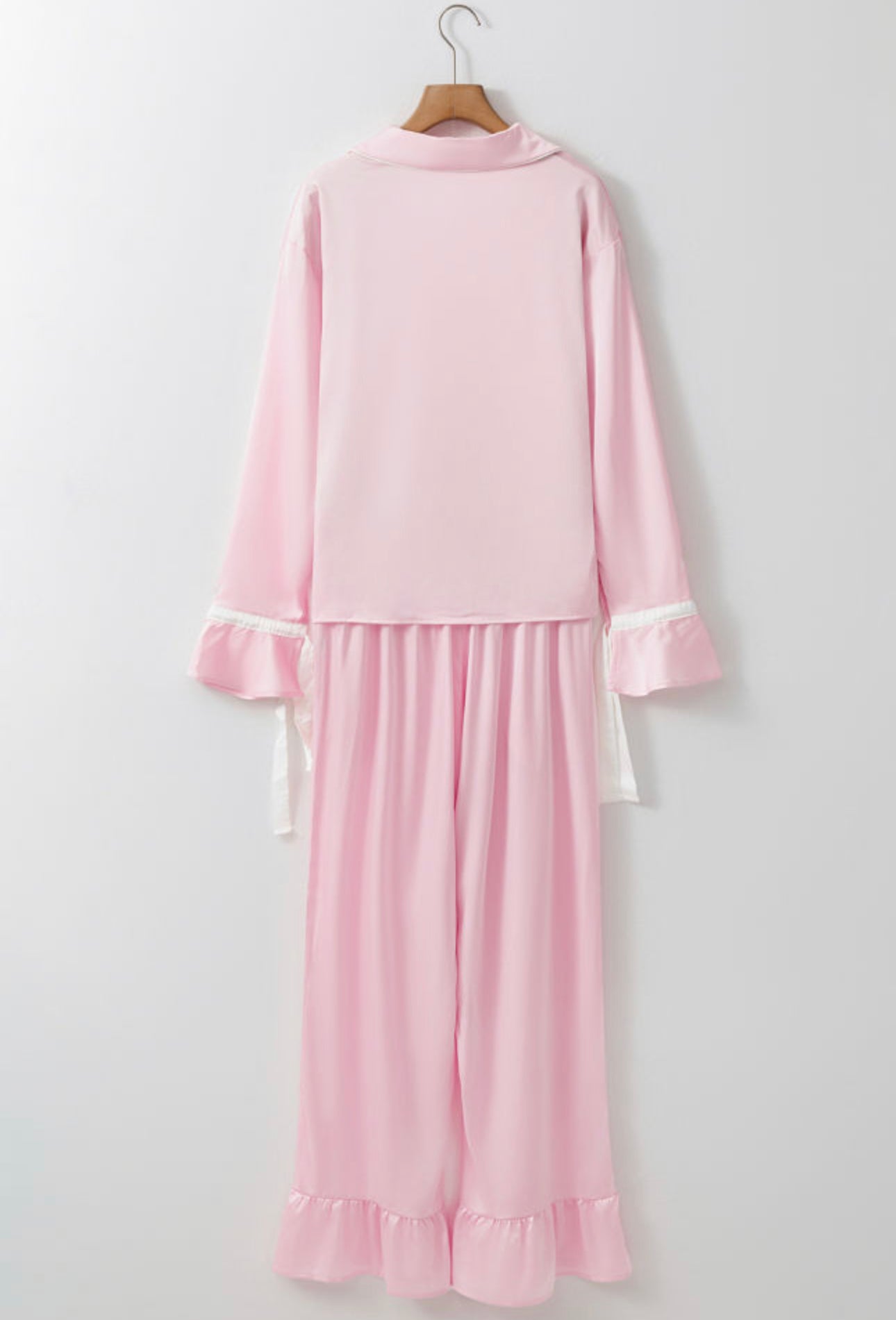 Light Pink Satin Knot Accent Shirt and Ruffled Pants Lounge Set