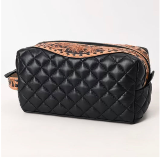 American Darling - Black Quilted Toiletry Hand Tooled Genuine Western Leather Women Bag