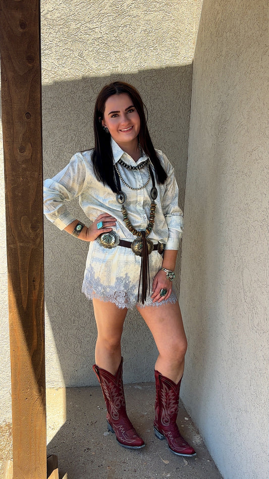 Bailey Paisley Satin Long Sleeve w/ Lace Shorts 2 pc Set