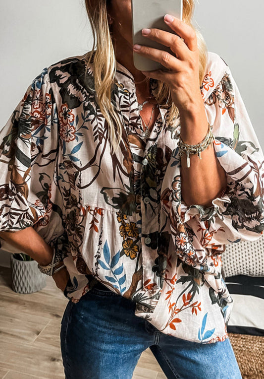 White Floral Print Balloon Sleeves Button Up Loose Casual Shirt