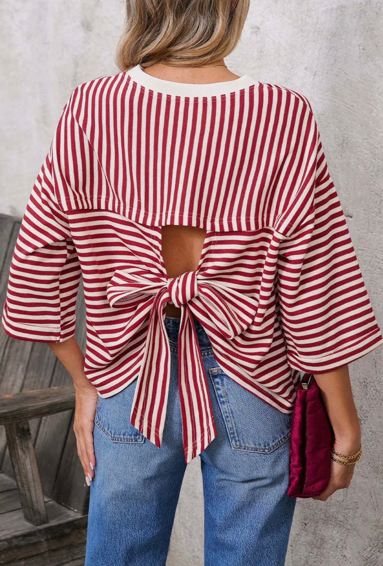 Red Striped Knit Crew Neck Top with Back Bow Tie Detail