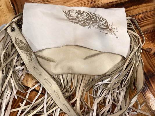 Soft Handmade Leather Purse with Engraved Feather Design with Fringe
