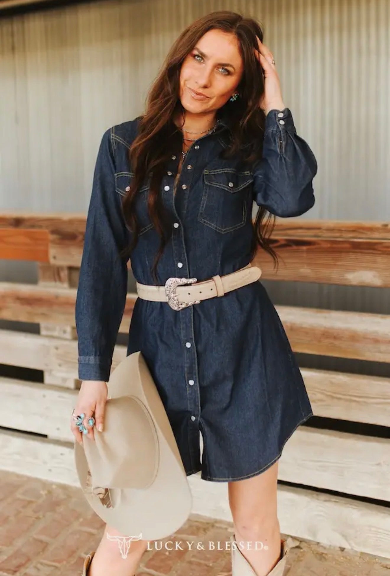 L & B Classic Western Button Down Long Sleeve Denim Dress
