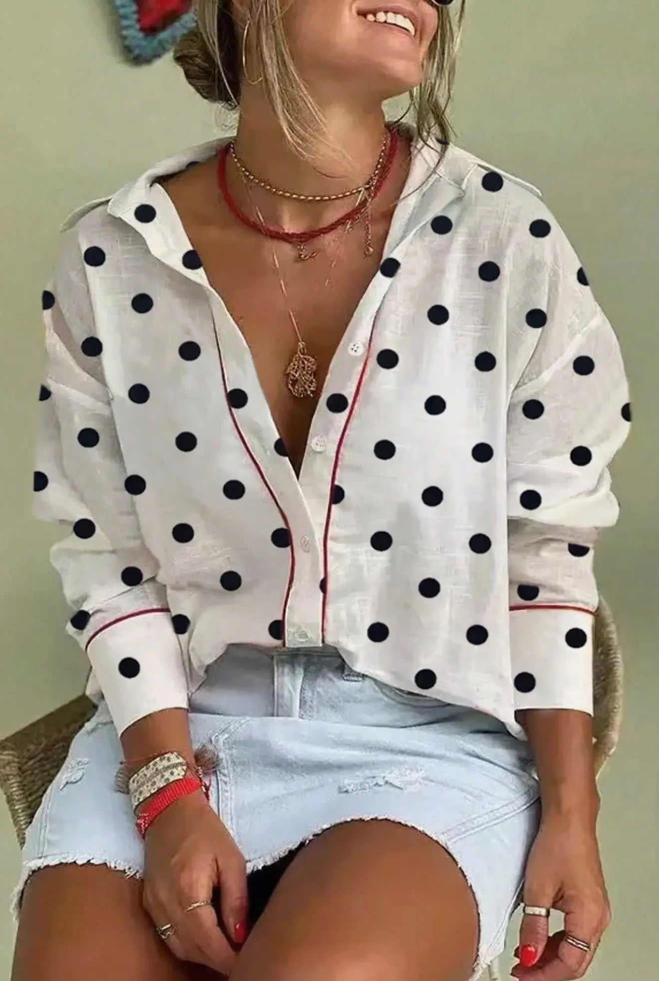 White woth Black Polka Dot Red Trim Contrast Trim Button Up Blouse