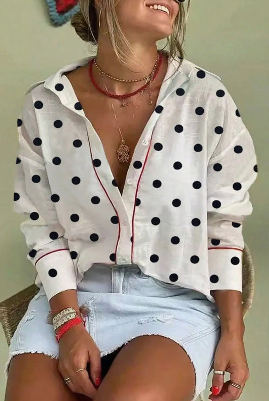 White woth Black Polka Dot Red Trim Contrast Trim Button Up Blouse