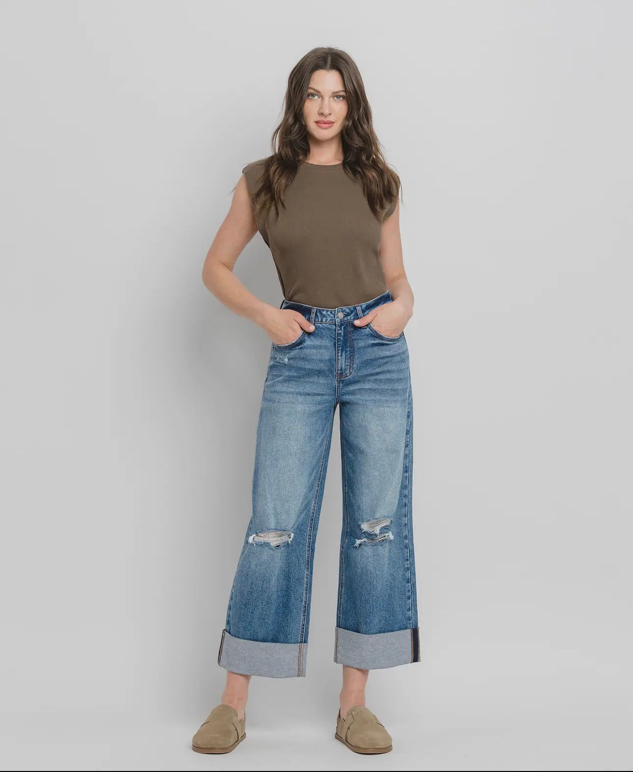 Lovervet by Vervet Super High Rise Double Cuffed Baggy
Wide Jeans LV145