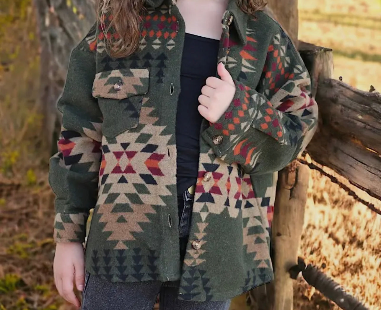 OLIVE GREEN AZTEC PRINTED SHACKET FOR BOYS Or GIRLS