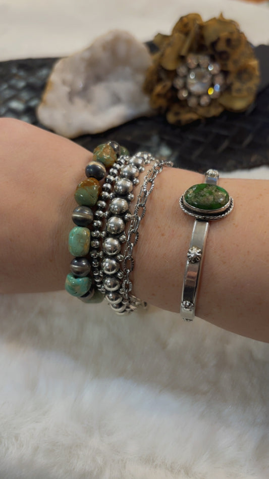 7mm 7.5” Sterling Silver HandStrung KingmanTurquoise Bead Stretch Bracelet
