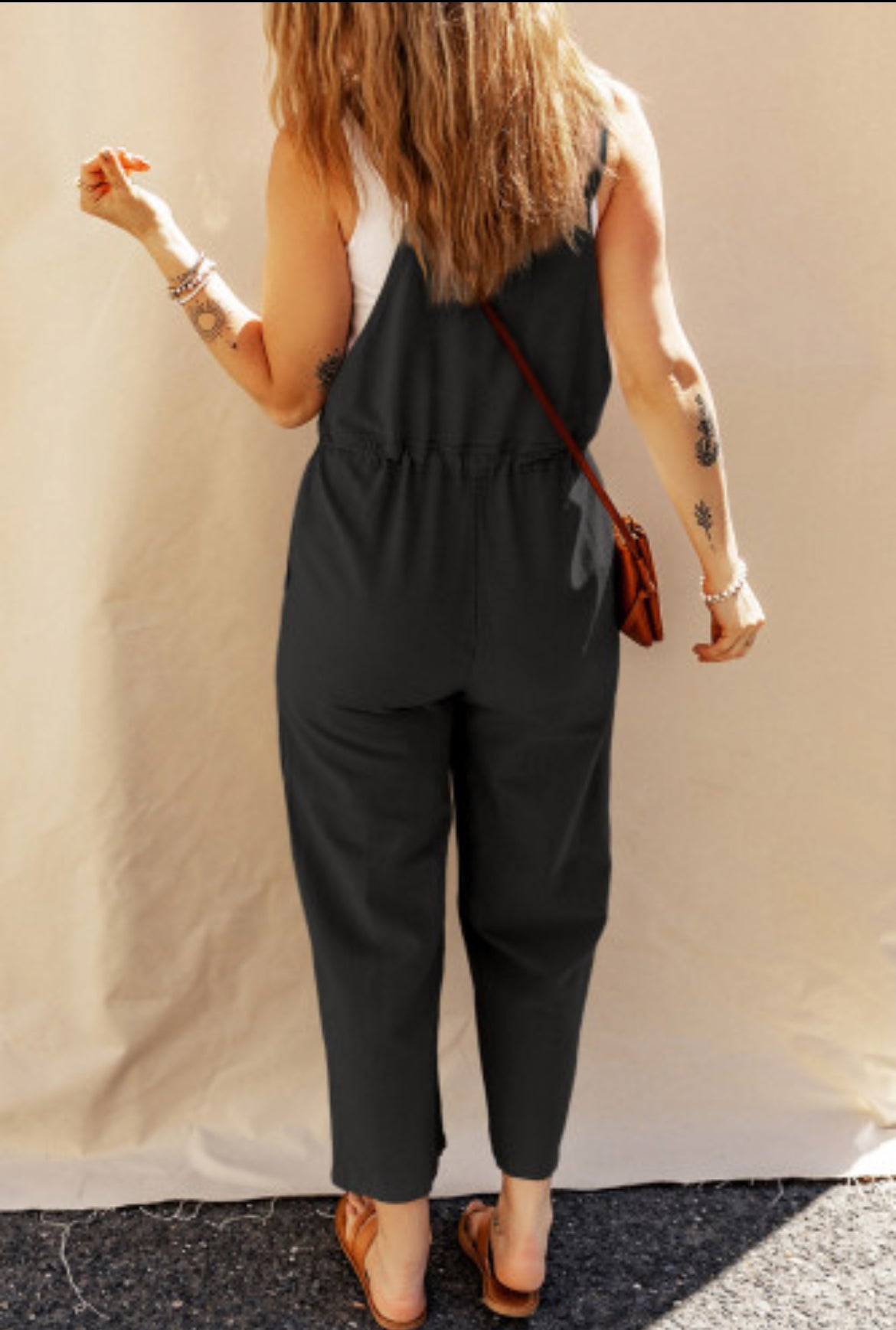 Black Drawstring Buttoned Straps Cropped Overall