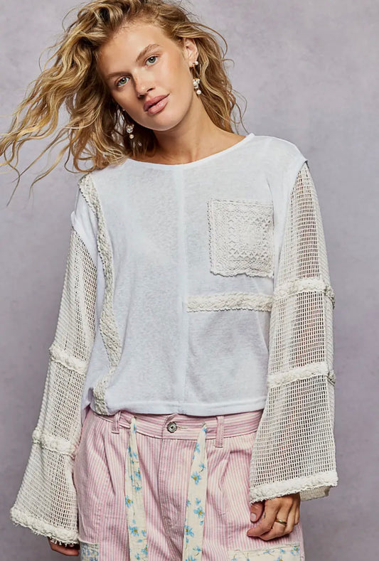 Round Neck Long See Through Sleeve Crochet Solid Knit Top