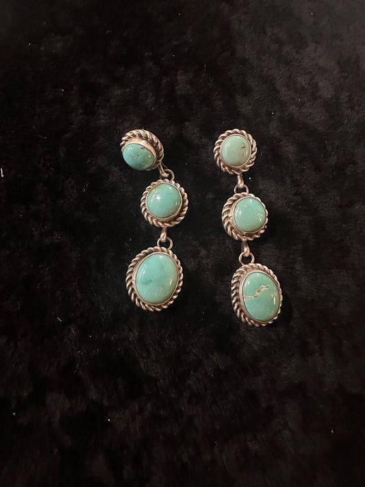 Navajo Handmade SS Kingman Turquoise Earrings Marked