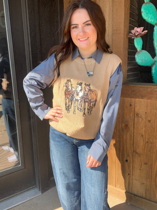 Parchment Sequin Horse Knitted Sweater Vest