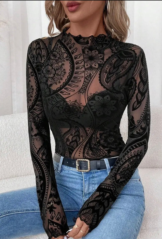 Frocked Printed Mesh Ruffled Long Sleeve Top