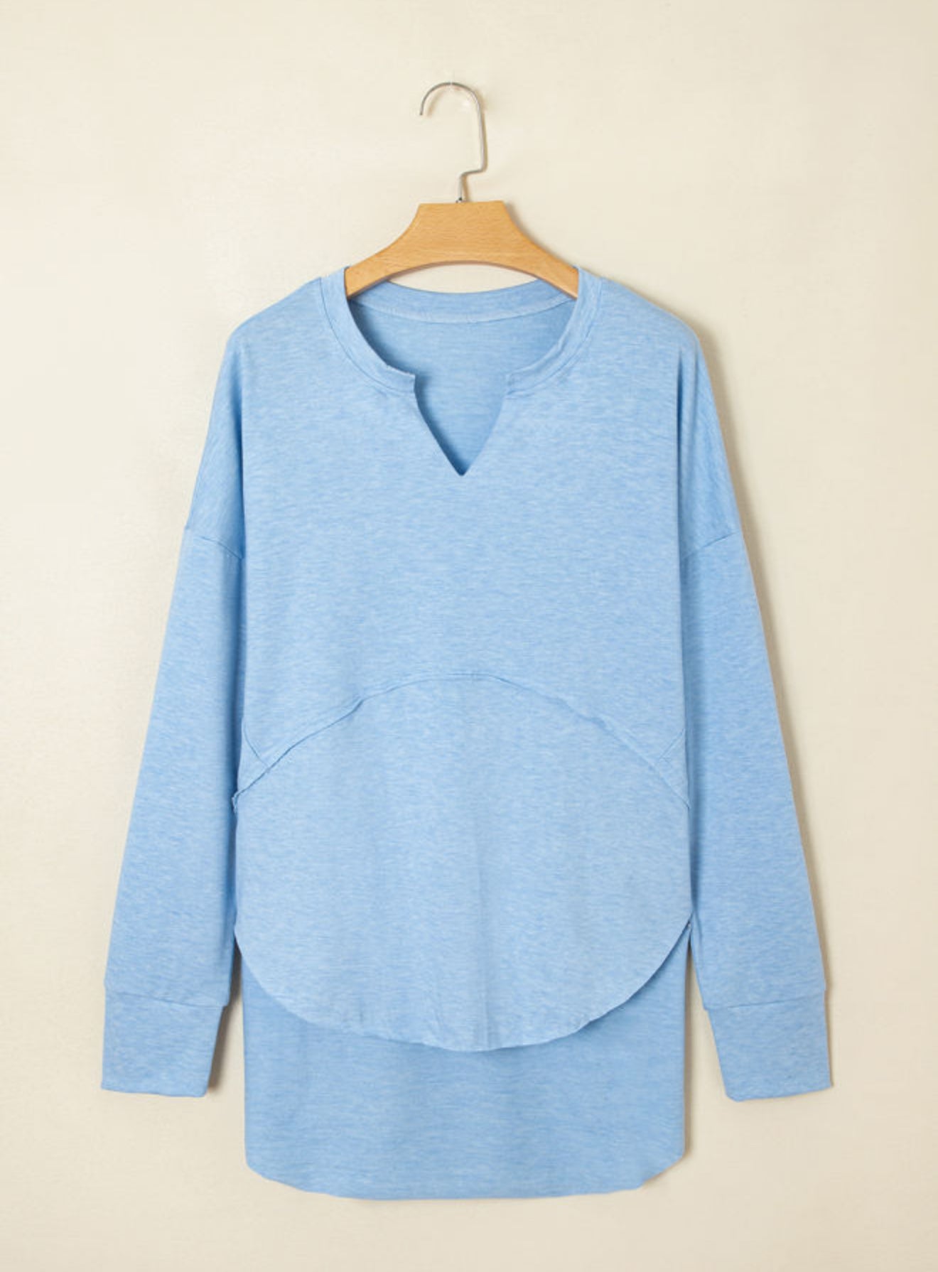 Myosotis Notched Neck Raw Hem Lightweight Long Sleeve