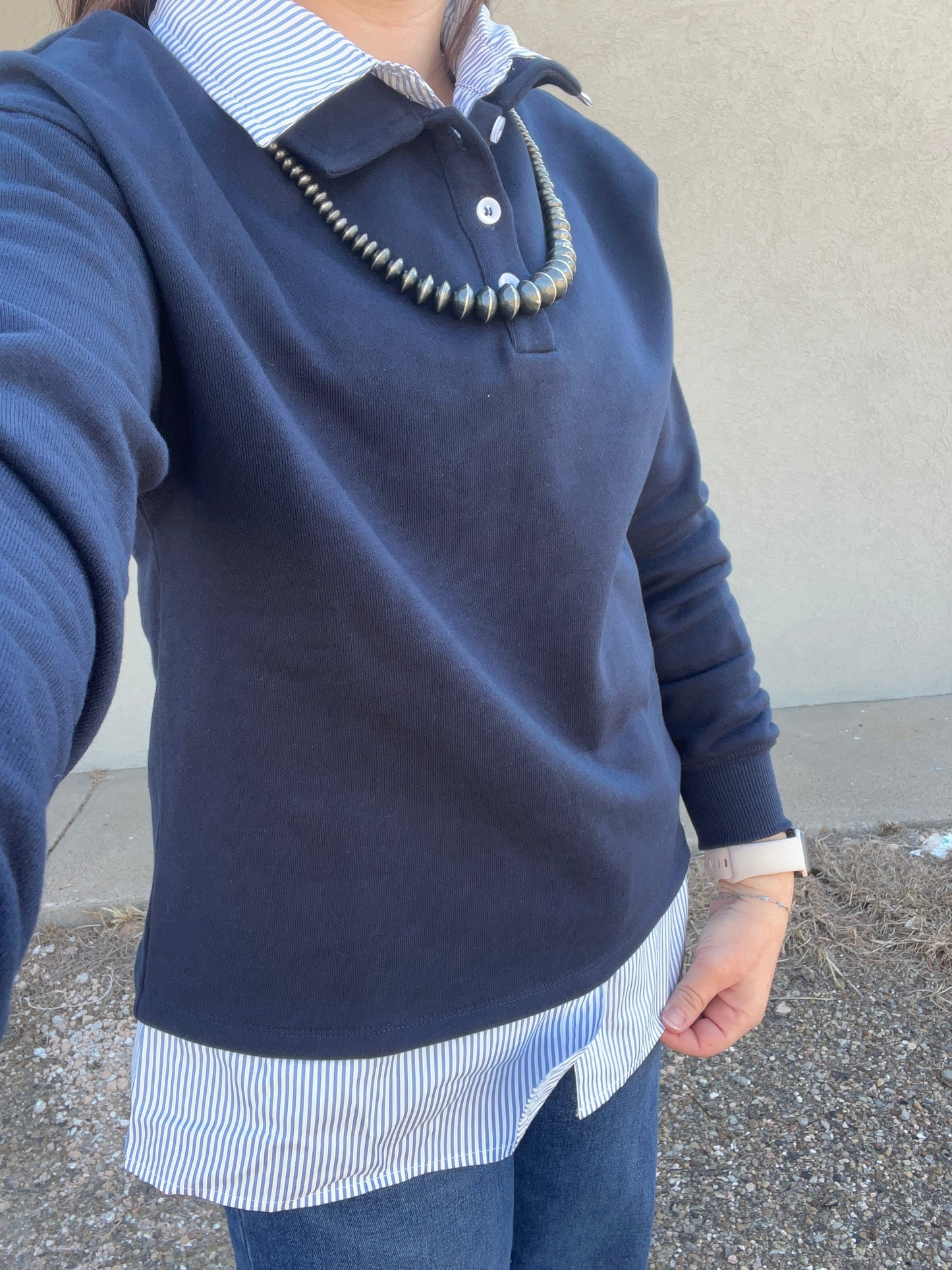 See And Be Seen Striped Shirt 2 fer Sweatshirt Collar Pullover