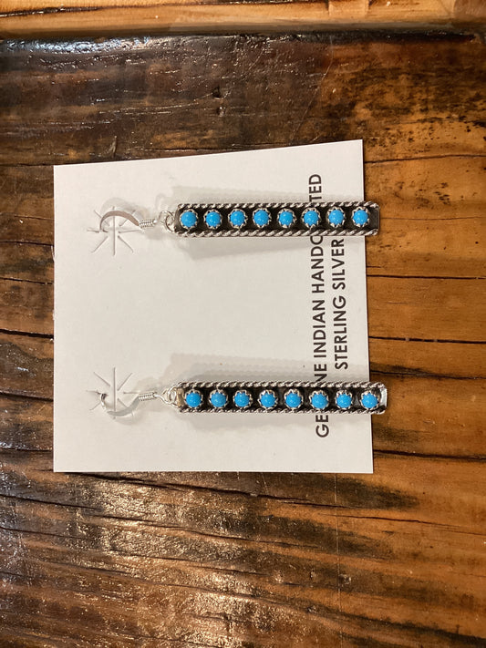 Navajo Esther White Handmade SS Kingman Turquoise Bar Earrings