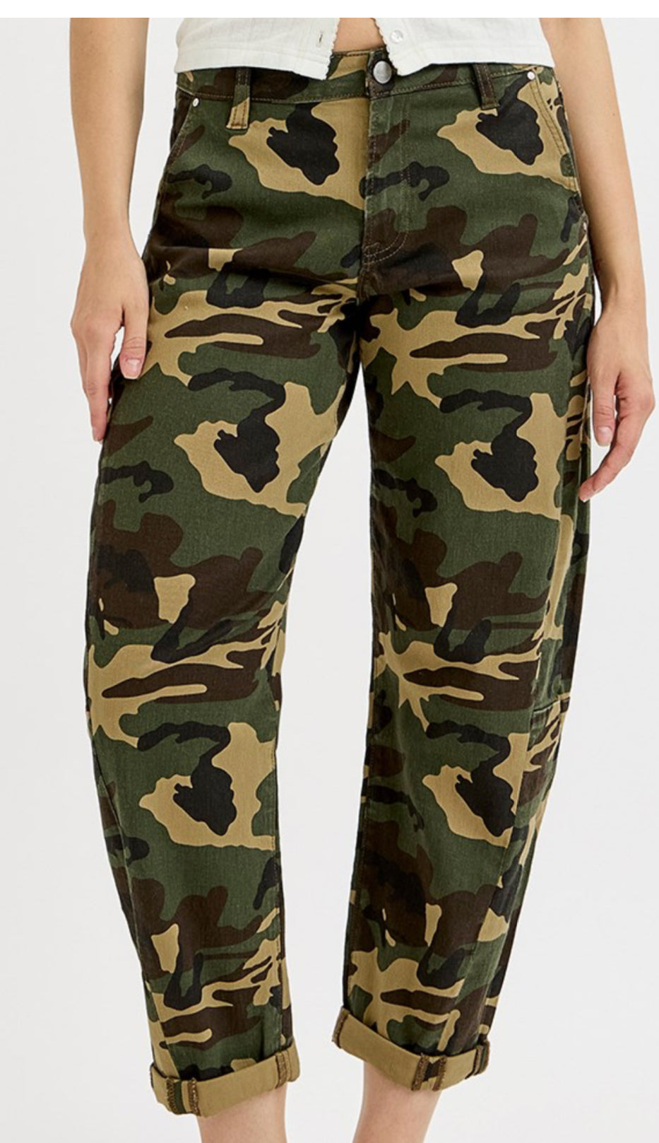 Risen CAMO Jeans HIGH RISE ANKLE BARREL DOUBLE ROLL UP PANTS
