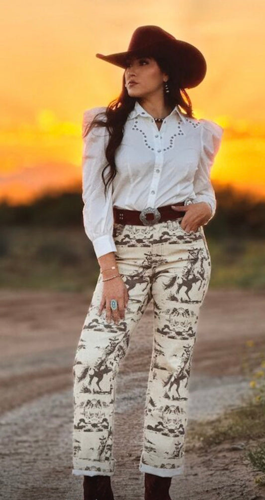 Beige Cowboy Print Jeans