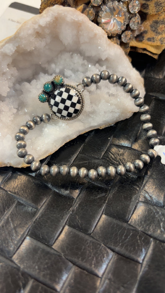 4mm 7.5” Sterling  Silver HandStrungKingman Turquoise Checkered Bead Bracelet