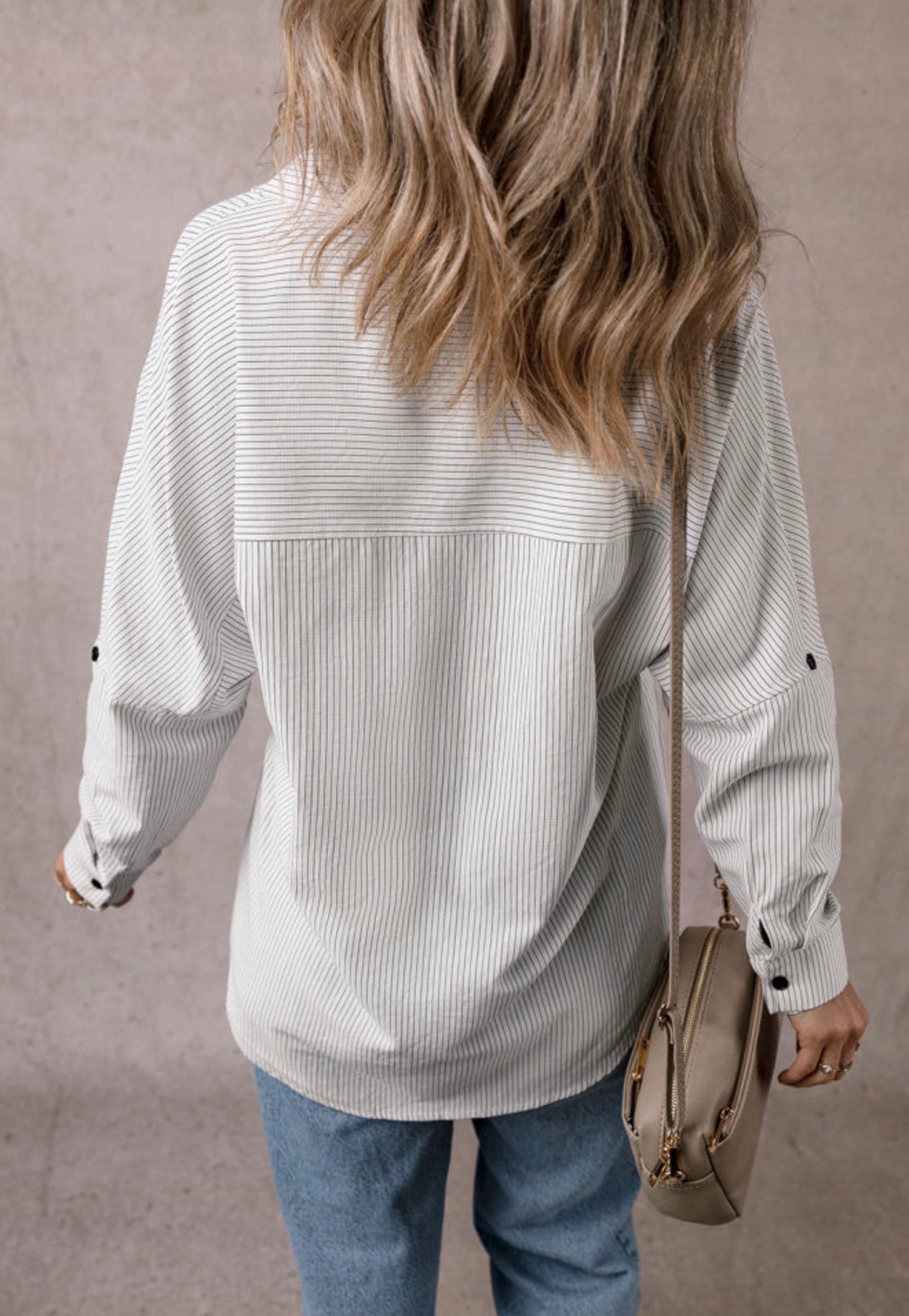 Stripe Roll-tab Sleeve Pocketed Long Shirt