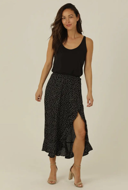 Elastic Waist Ruffle Slit Skirt