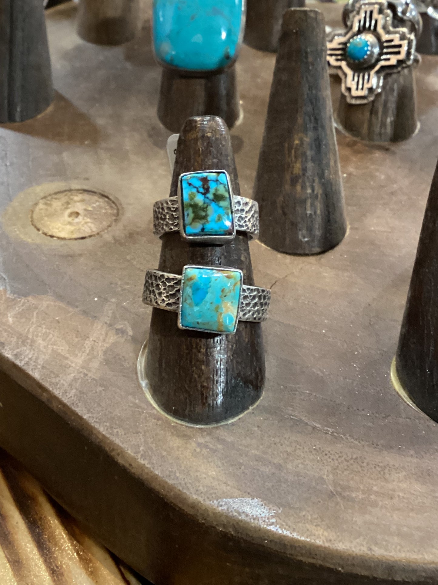 Navajo Authentic Square Turquoise Ring with Hammered BandScott Skeets