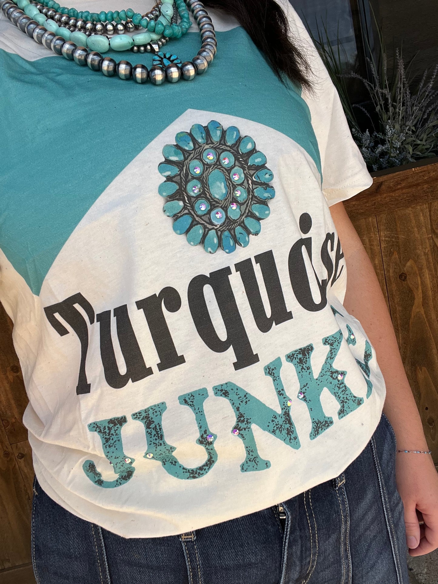 Rhinestone Embellished Turquoise Junkie Tee